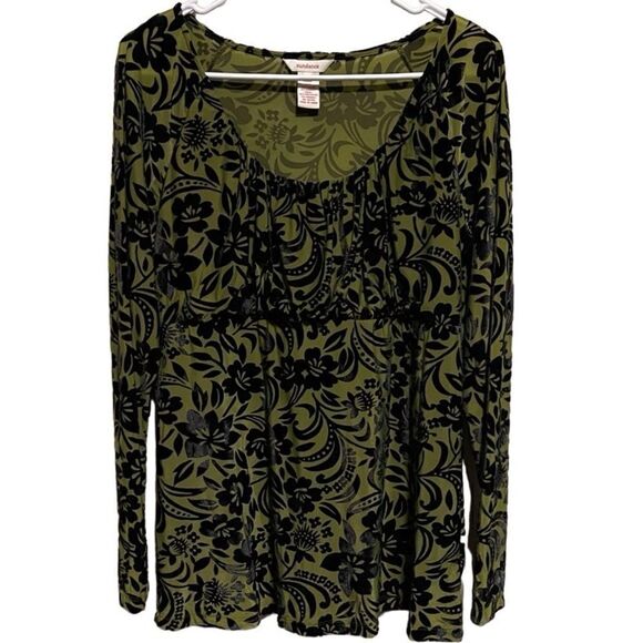 Sundance Catalog- Women Blouson Green w Black Velvet Burnout Top Blouse, Size L - Picture 1 of 8